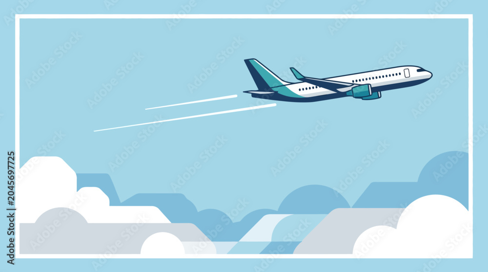 Naklejka premium Airplane flying through blue sky above white clouds in a flat minimalist vector art style