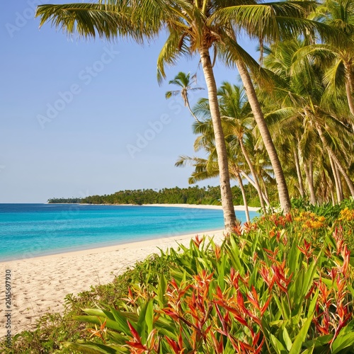 Bright Beach With Palm Trees and Flowers Near Clear Blue Water in a Tropical ...