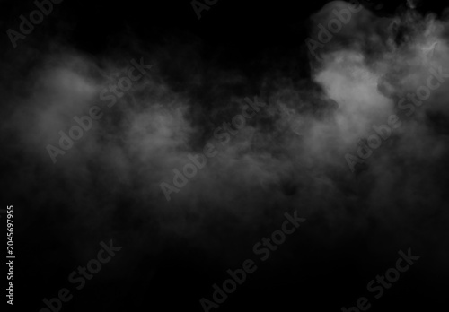 Quadro su tela Dense white smoke fog overlay on black background, realistic abstract mist cloud effect for dark atmospheric design, cinematic poster, horror scene, music cover or photo composition