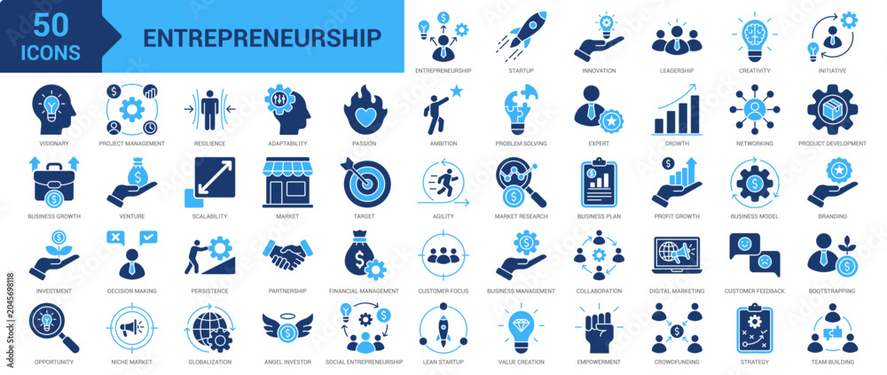 Naklejka premium Entrepreneurship icon set. Innovation, leadership, creativity, initiative, visionary, business, agility, project management, opportunity, partnership and more. Solid vector icons