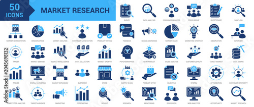 Market Research icon set. Analysis, consumer behavior, focus group, questionnaire, sampling, market segmentation, target, trends, competitor analysis and more. Solid vector icons