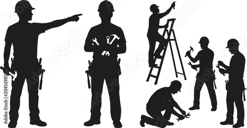 Φωτογραφία Construction Worker Silhouettes Collection Featuring Tradesmen Electricians Tech