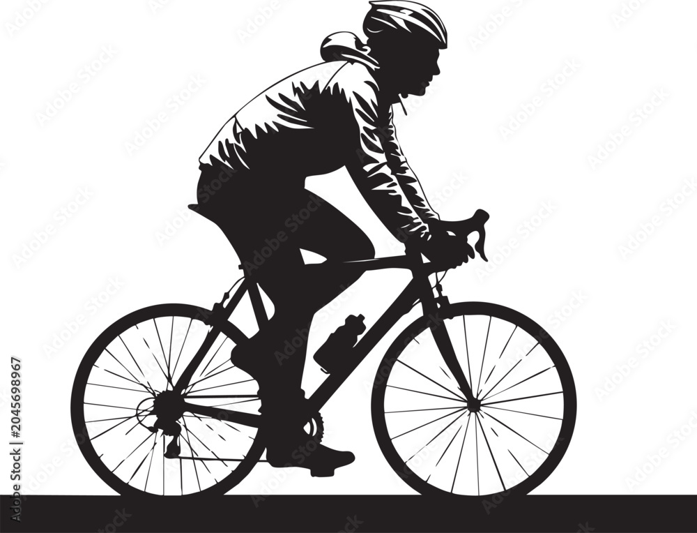 Fototapeta premium Black silhouette of a person riding a bicycle on a road with exercise