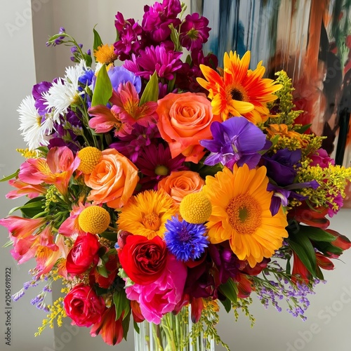 Bright Flower Arrangement Filled With Different Colors and Types of Blooms in...
