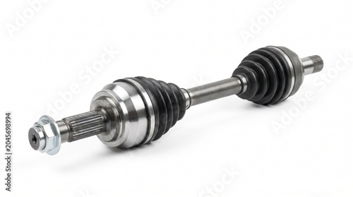 Close-up of automotive CV joint shaft assembly isolated on white background