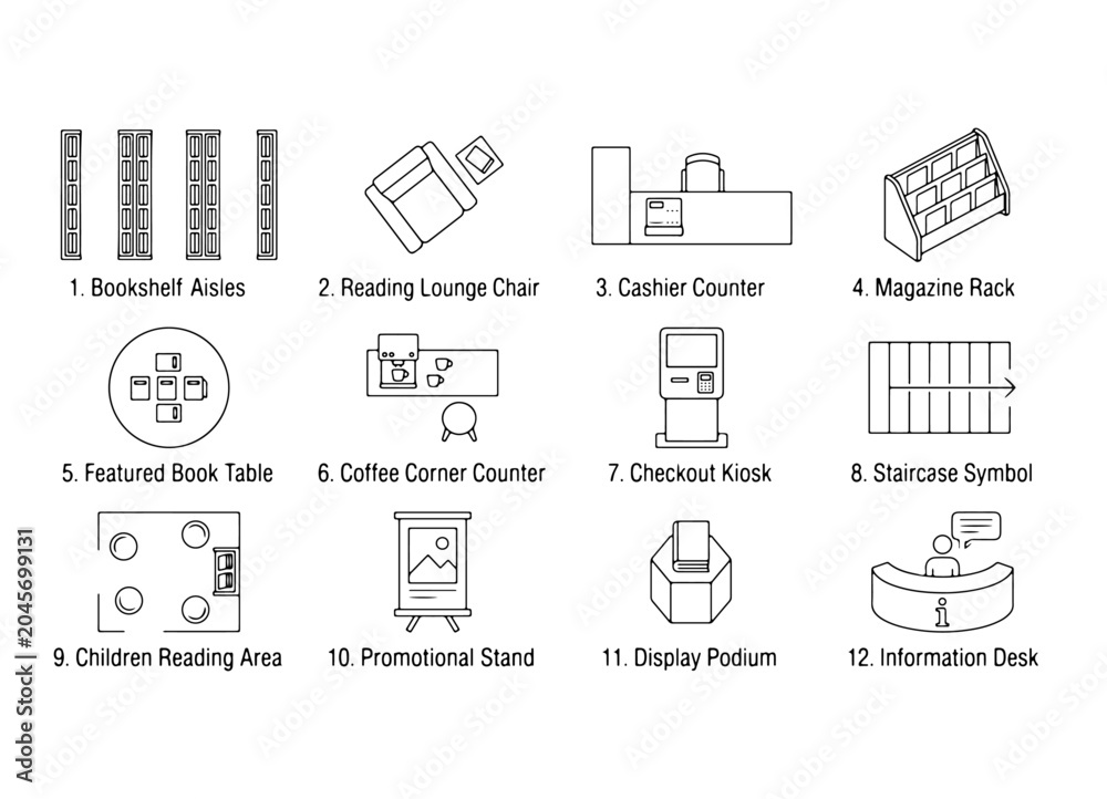 Obraz premium Modern bookstore retail floor plan icons set
