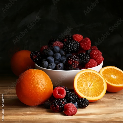 Fresh Fruit Arrangement With Oranges, Berries, and Blueberries on Wooden Surf...