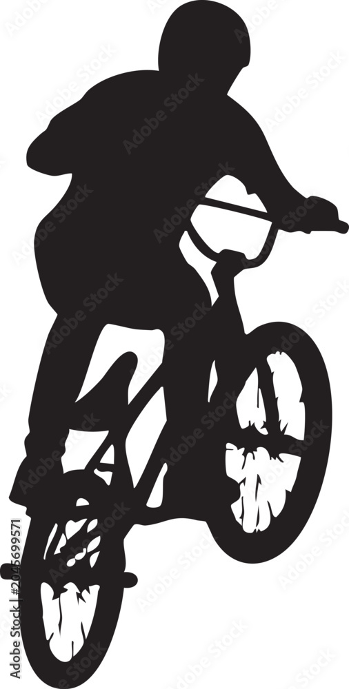 Naklejka premium Silhouette of person performing trick on bmx bike with silhouette
