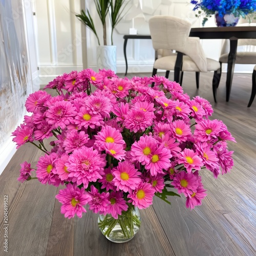 Bright Pink Flowers in a Clear Vase on a Wooden Floor in a Modern Room With F...