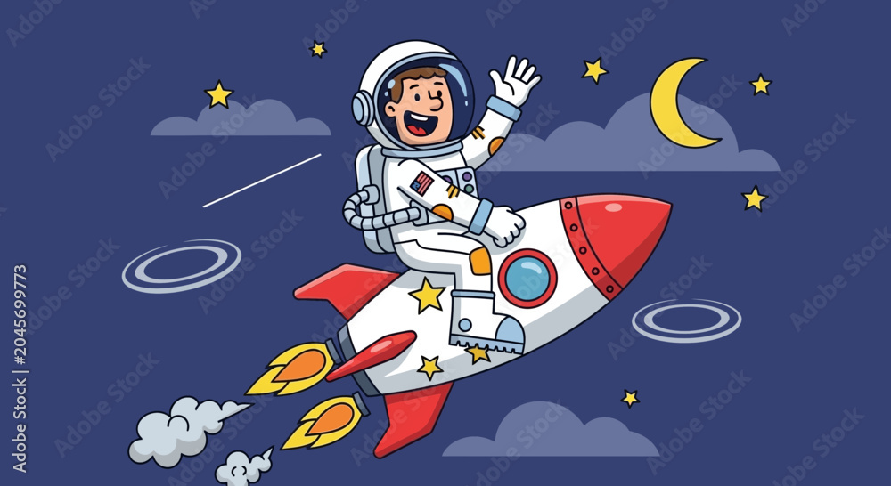 Naklejka premium Astronaut riding rocket in space with stars and clouds vector illustration