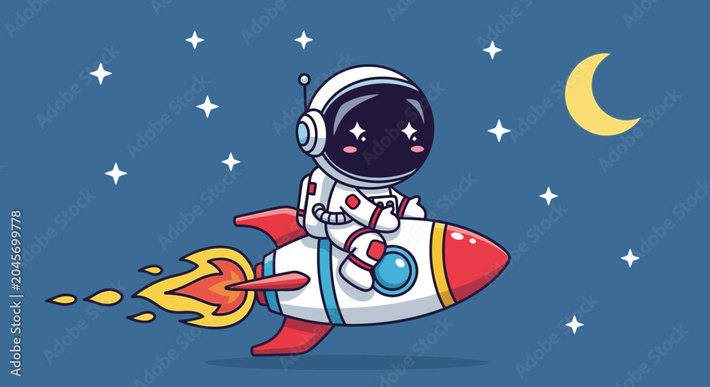 Naklejka premium Astronaut riding rocket in space with stars and crescent moon illustration