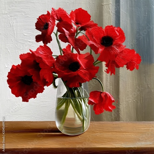 Red Flowers in a White Vase on a Wooden Table Against a Grey Wall