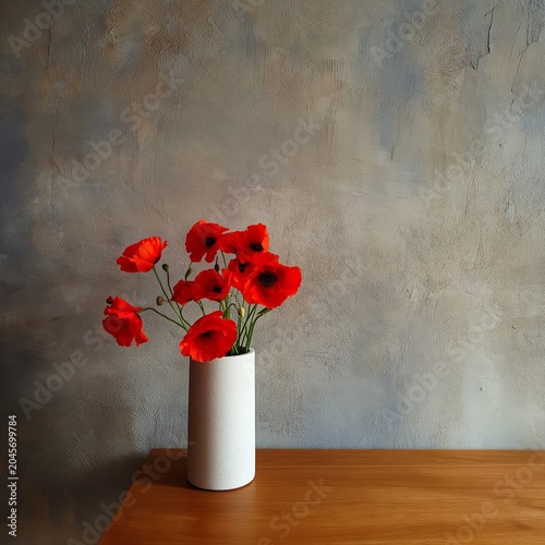 Red Flowers in a White Vase on a Wooden Table Against a Grey Wall