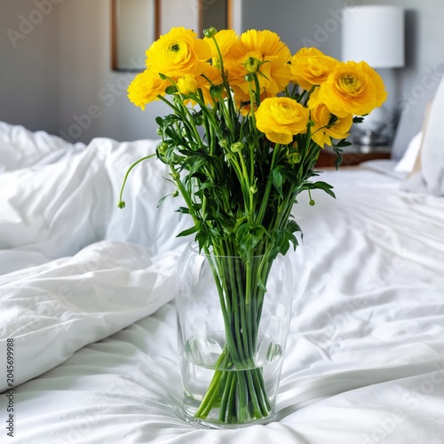 Bright Yellow Flowers in a Glass Jar on a Bed With White Sheets and Sunlight ...