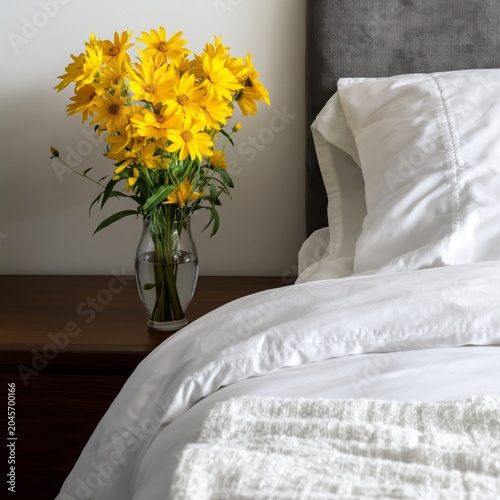 Cozy Room With Bed and Flowers in Bright Sunlight Near Open Window