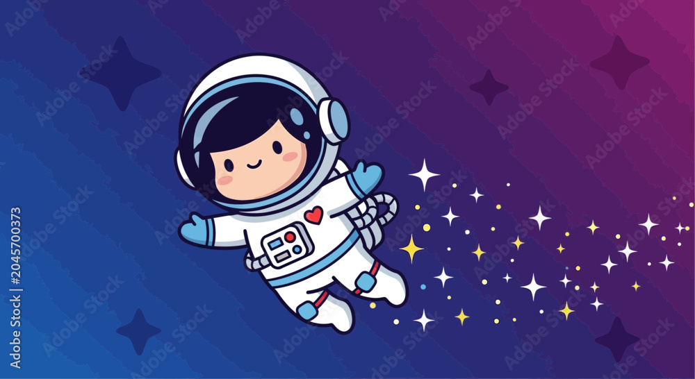 Fototapeta premium Cartoon astronaut floating in space with stars and vector background