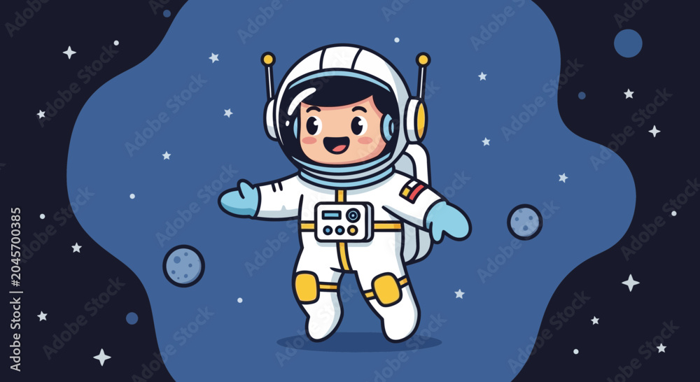 Naklejka premium Cartoon astronaut floating in space with stars and planets illustration