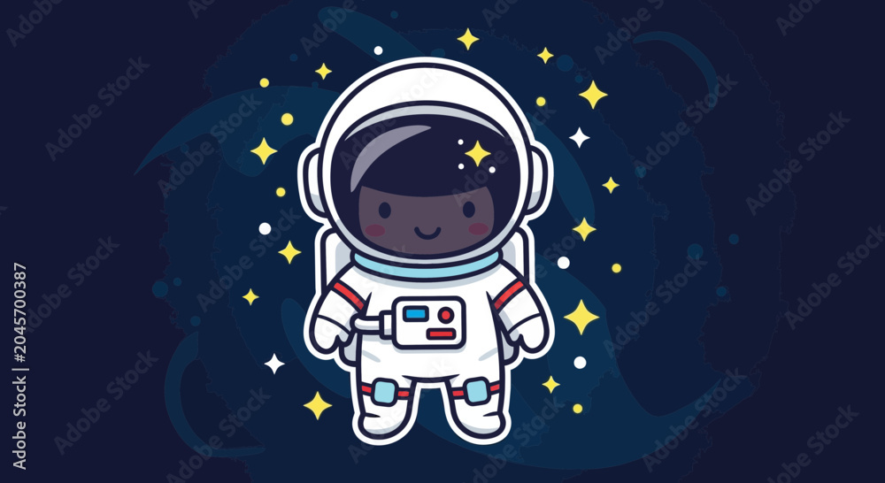 Fototapeta premium Cartoon astronaut illustration in space with stars and deep blue background