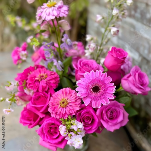 Colorful Bouquet of Flowers With Pink Roses and Gerbera Daisies Arranged in a...