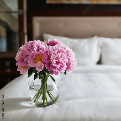 Fresh Roses and Peonies in a Vase on a Bed With White Pillows in a Bright Roo...
