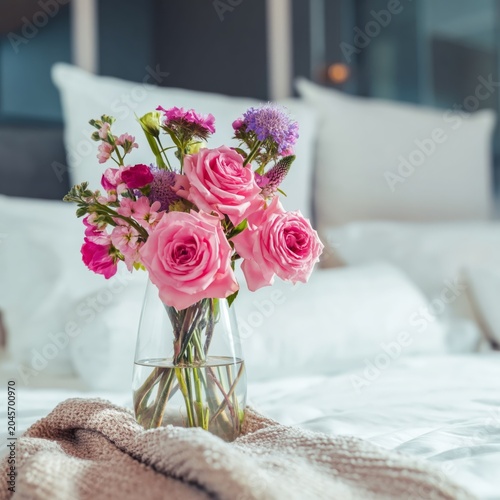 Bouquet of Pink Flowers on a Bed With Natural Light in a Simple Bedroom Setti...