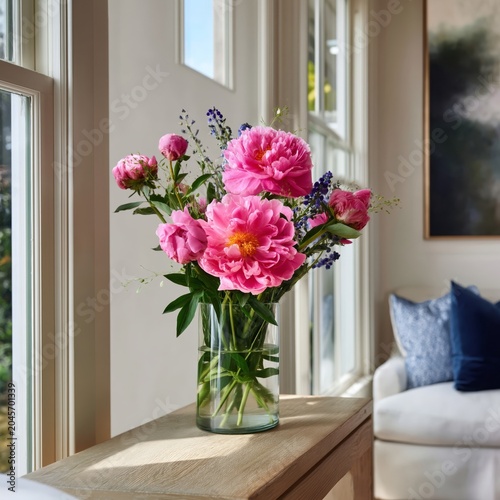 Bright Pink Flowers in a Glass Vase on a Wooden Table in a Sunny Room With La...