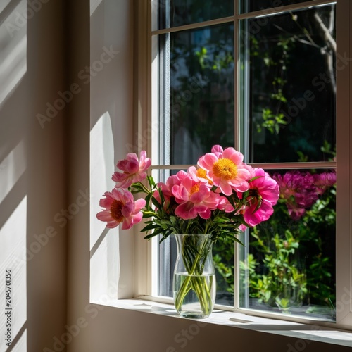 Flowers in a Clear Vase Placed on a Windowsill With Sunlight Shining Through ...