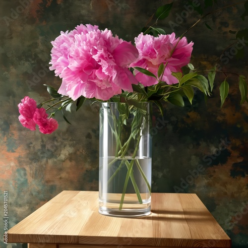 Bright Pink Flowers in a Clear Vase on a Wooden Table in a Bright Room