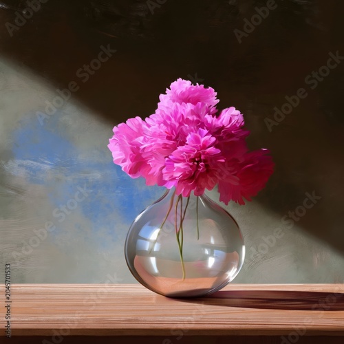 Bright Pink Flowers in a Clear Vase on a Wooden Table in a Bright Room