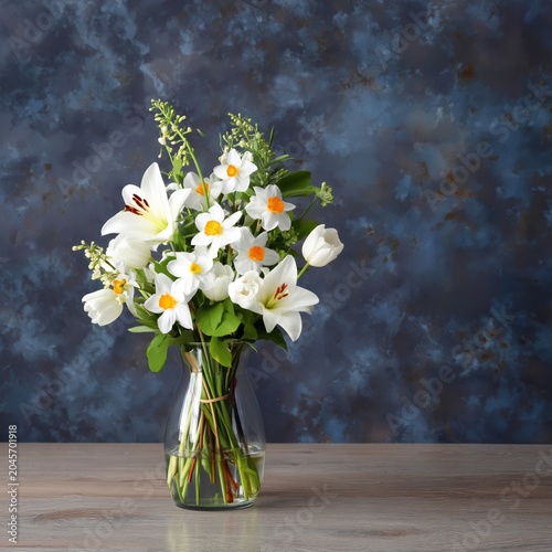 White Flowers in a Glass Vase on a Wooden Table Near Green Plants in a Cozy S...