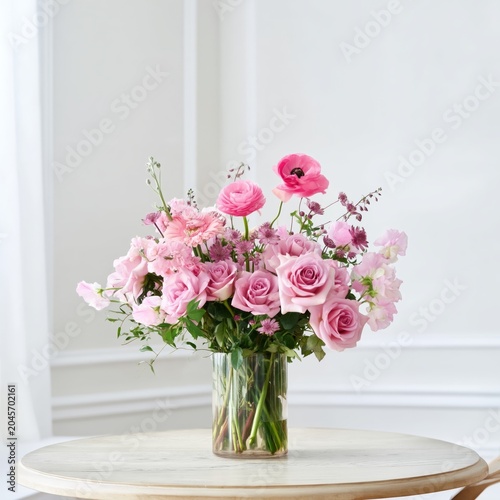 Bright Flowers in a Glass Vase on a Wooden Table in a Room With Light Walls