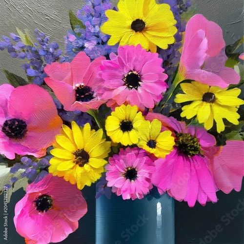 Flowers in a Blue Vase With Pink and Yellow Blooms Displayed on a Flat Surface