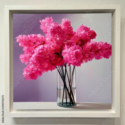 Bright Pink Flowers in a Glass Vase Against a Simple Background