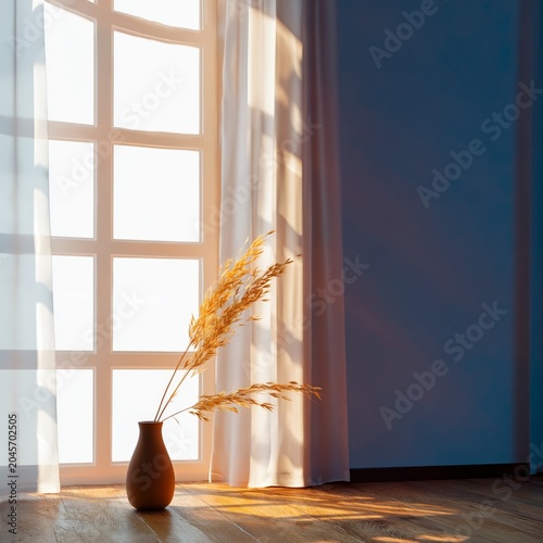 Sunlight Enters Through a Large Window and Highlights a Simple Vase With Drie...