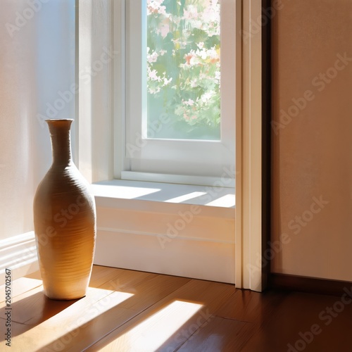 Light Shines on a White Vase by the Window in a Cozy Room During the Day