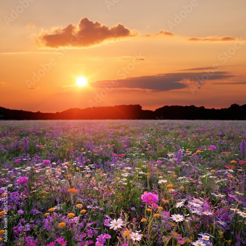 Sun Sets Over a Field Full of Flowers and Bright Colors Near a Forest in the ...