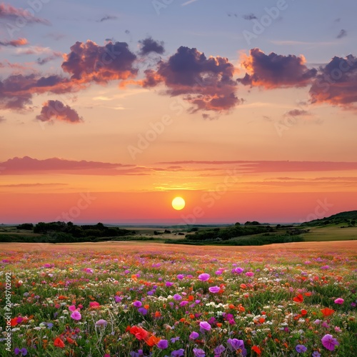 Sunset Over a Field of Flowers With Colorful Blooms and Clouds in the Sky
