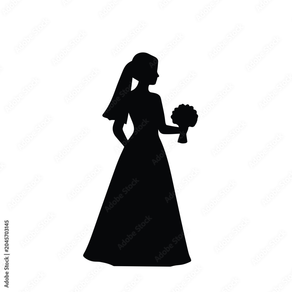 Fototapeta premium Bride silhouette holding a flower bouquet vector illustration