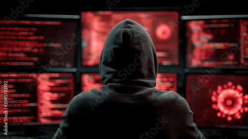 Mysterious Hooded Person Working on Multiple Computer Screens Displaying Red Digital Data and Abstract Graphics