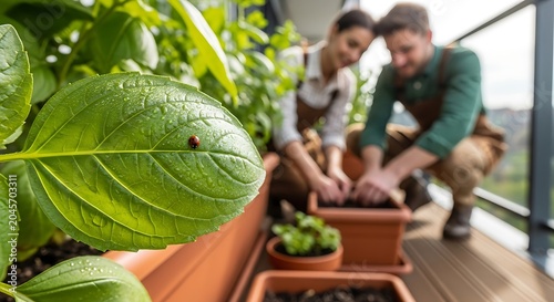 Couple gardening on a balcony together.