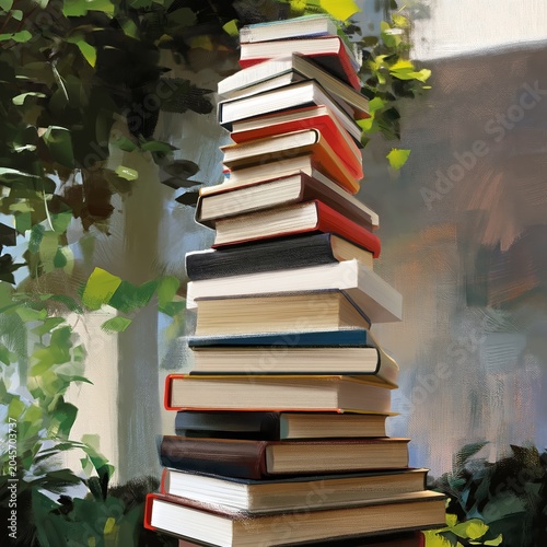 Stack of Colorful Books on a Table Against a Blue Wall With Shadows in Aftern...