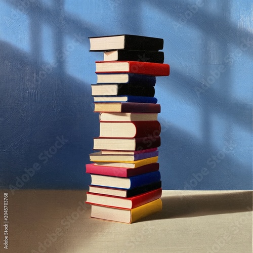 Stack of Colorful Books on a Table Against a Blue Wall With Shadows in Aftern...