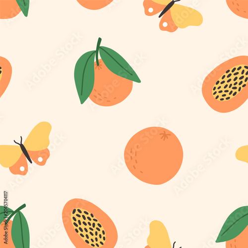 Tropical fruits, seamless pattern. Exotic summer food, oranges, tangerines, p...