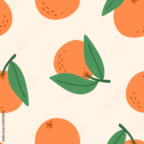 Orange fruit, seamless pattern design. Exotic tropical summer food, tangerine...