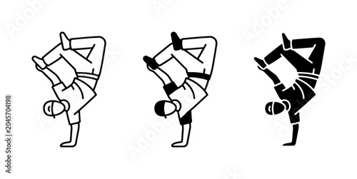 Foto Breakdancer Silhouette, Line Art, and Solid Icon Set: Dynamic Hip Hop Dance Pose