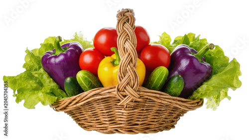 Photos Wicker basket overflowing with fresh vegetables tomatoes bell peppers cucumbers,