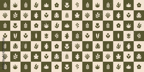 Botanical Checkerboard Seamless Pattern Beige and Sage Green Grid Floral Plant Shapes Alternating Organic Squares Modern Geometric Nature Inspired Design
