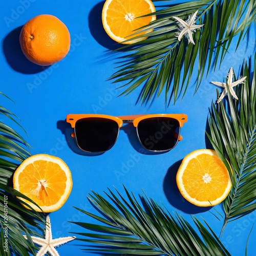 Bright Oranges and Sunglasses on a Blue Background With Starfish and Palm Lea...