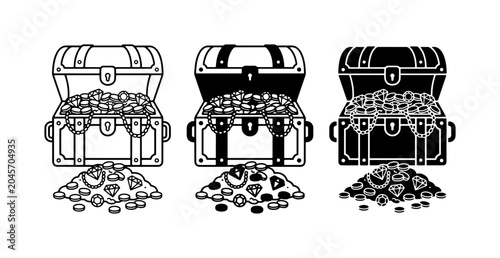 Photos Treasure Chests Filled with Gold Coins, Vector Icons Set, Pirate Wealth Symbols
