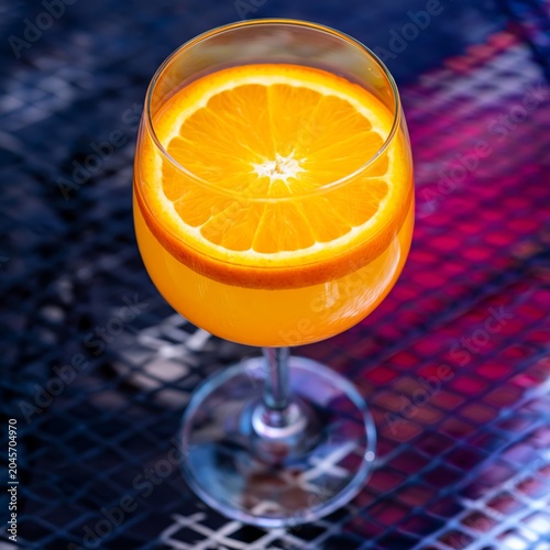 Bright Orange Drink With Slice on Top Placed on a Table in a Cafe During Sunn...
